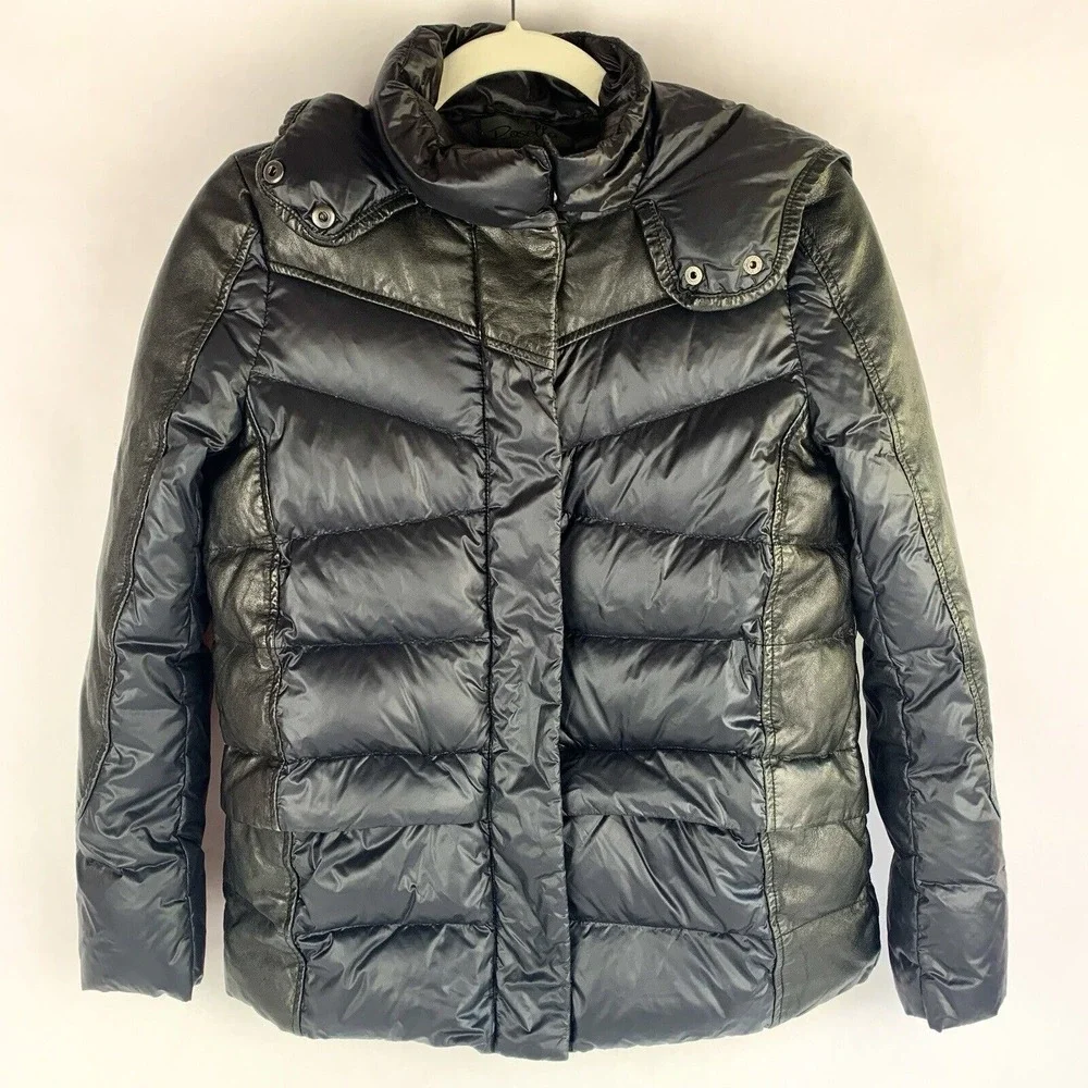 Womens Down Puffer Jacket Size Small Nylon Leather Hooded Black Chic Minimalist